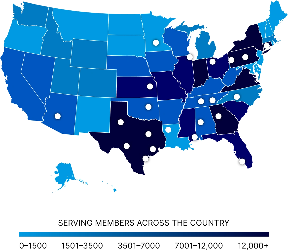 Map of 90DB locations with a scale of members served from 0-1500 to 12,000+